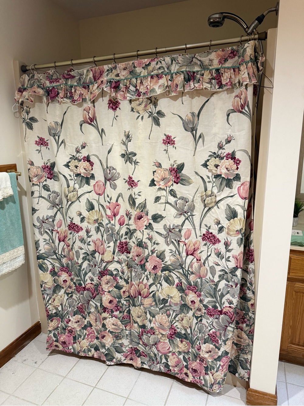 Floral Ruffled Shower Curtain - Pink & Cream Garden Print